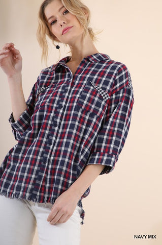Faux Distressed Plaid Button Up