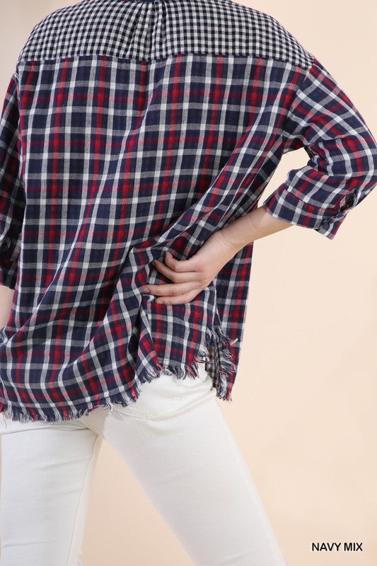 Faux Distressed Plaid Button Up