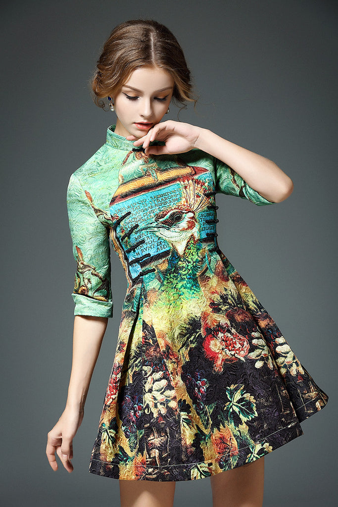 Peacock Print Jacquard Dress - Dress Album