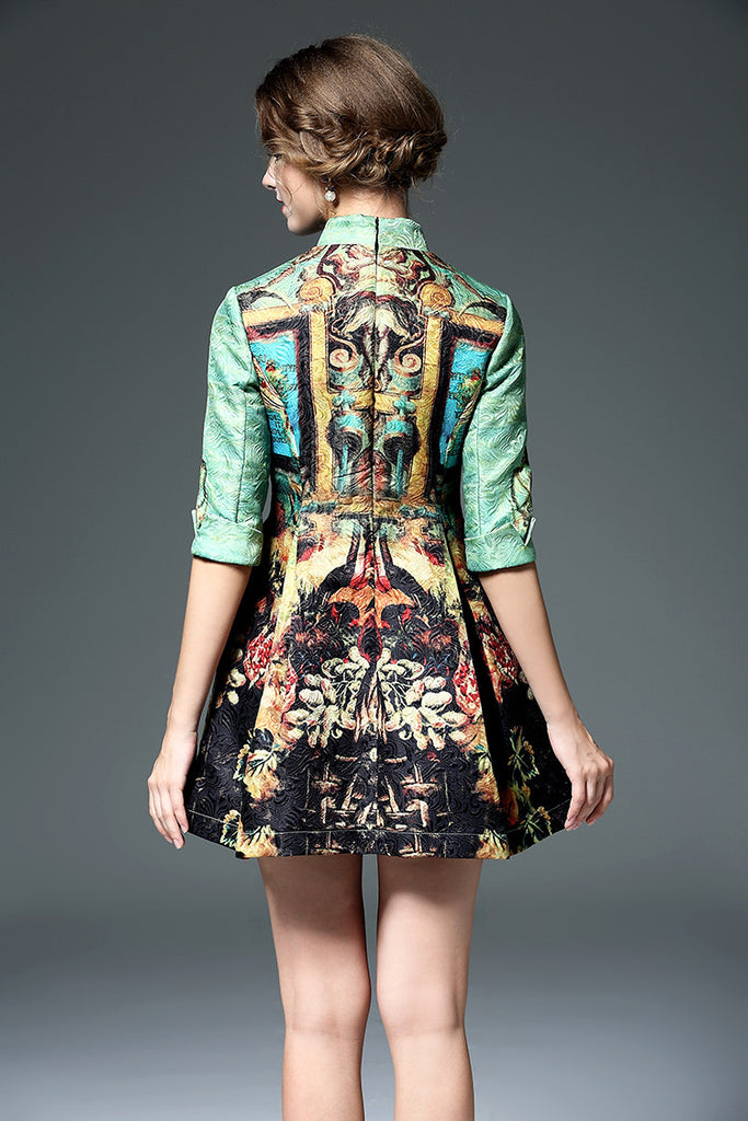 Peacock Print Jacquard Dress - Dress Album