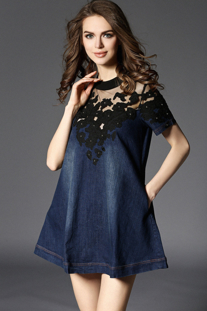 Embroidered Lace Denim Dress - Dress Album