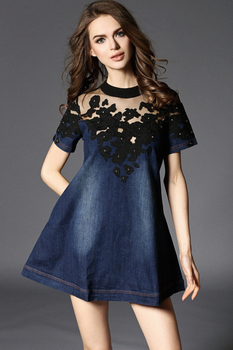 Embroidered Lace Denim Dress M / Denim Embroidered Lace Denim Dress M / Denim