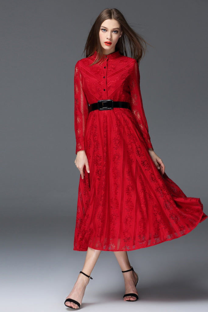 Button Front Lace Long Dress - Dress Album