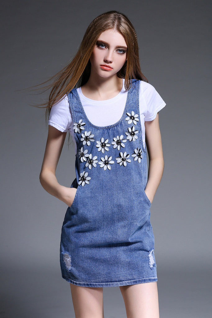 Flower Design T-Shirt Denim Dress - Dress Album