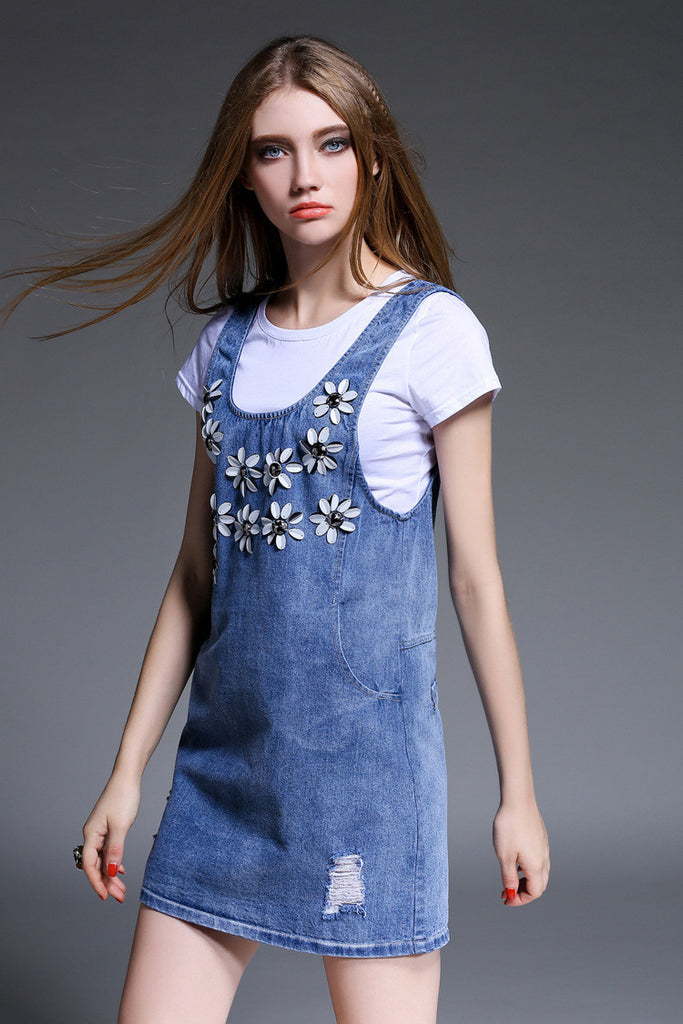 Flower Design T-Shirt Denim Dress - Dress Album
