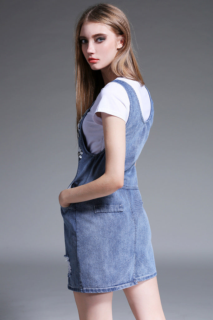 Flower Design T-Shirt Denim Dress - Dress Album