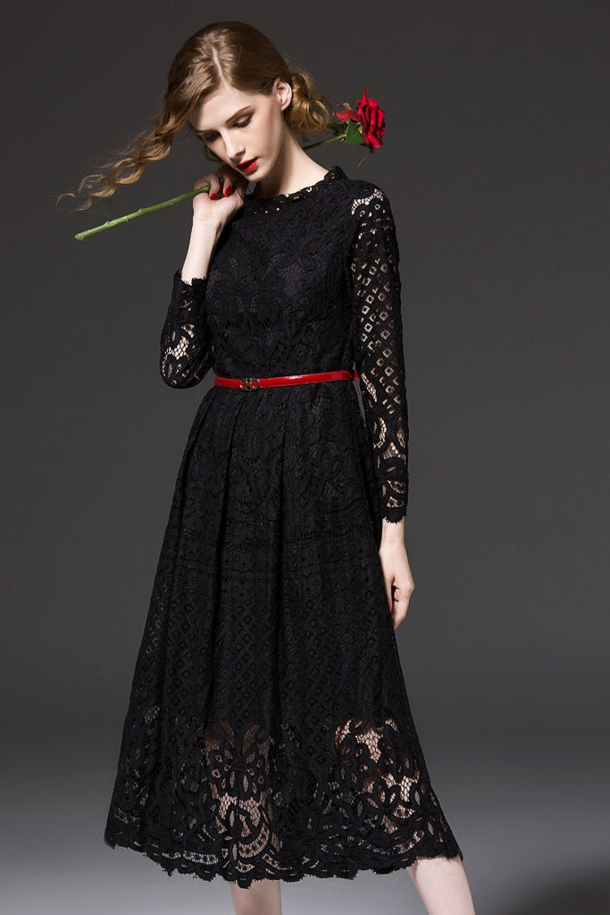 All-Over Lace Long Dress - Dress Album