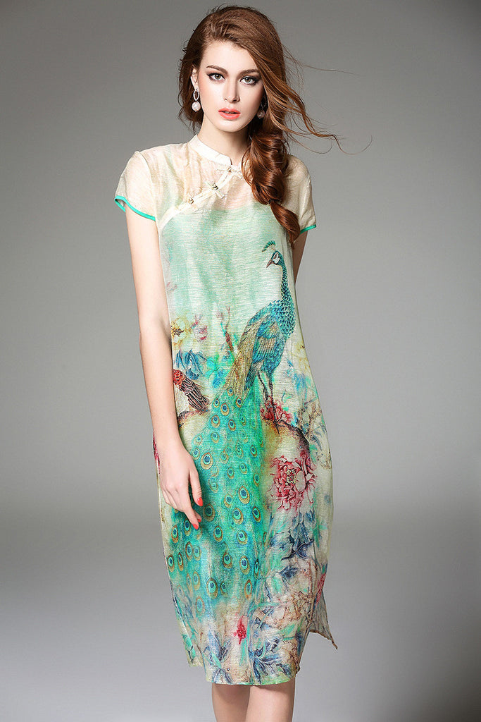 Peacock Print Silk Dress - Dress Album