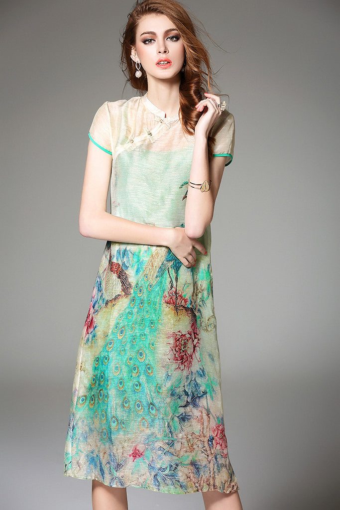 Peacock Print Silk Dress - Dress Album