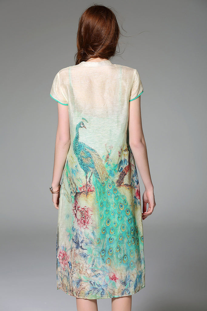 Peacock Print Silk Dress - Dress Album