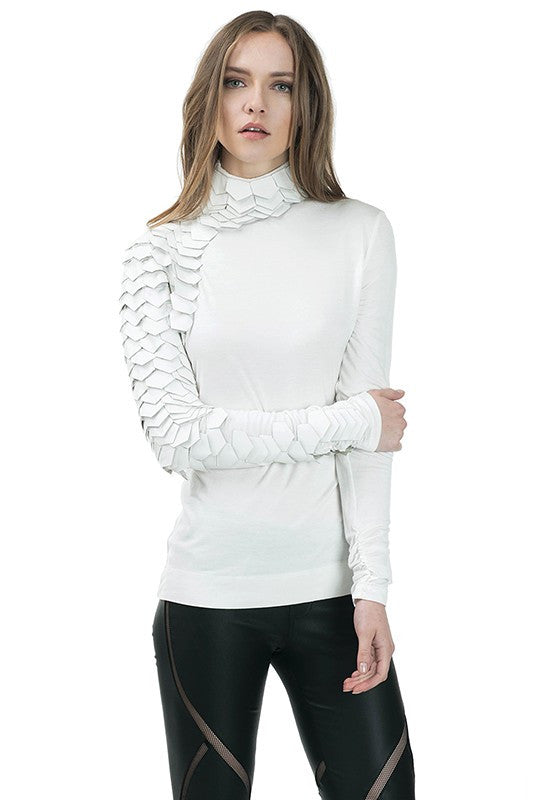 White Turtleneck with Faux Leather and Mesh On One Sleeve| Dress Album White Turtleneck with Faux Leather and Mesh On One Sleeve| Dress Album