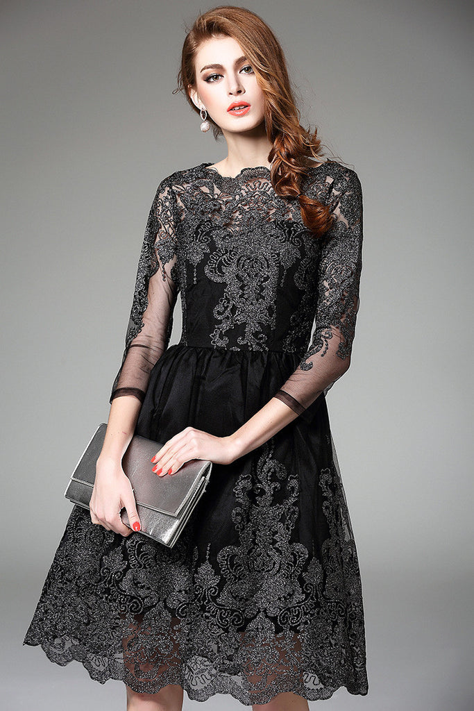 3/4 Sleeve Lace Dress - Dress Album