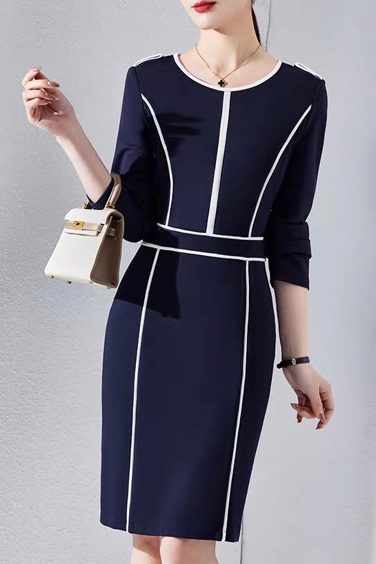 Navy and White Color Block Work Sheath Dress M (US 4, Short Sleeve)