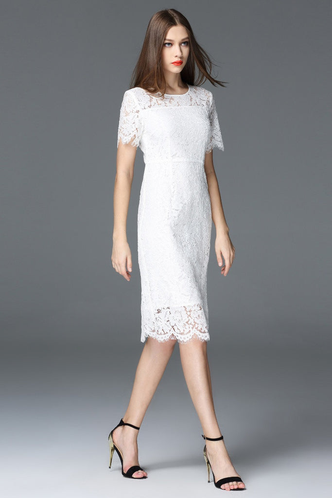 All-Over Lace Short Sleeve Dress - Dress Album