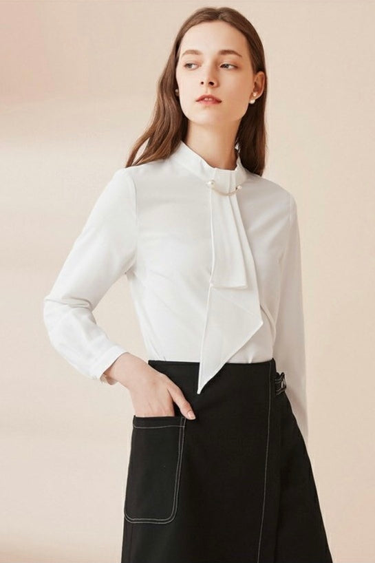 Long Sleeve Blouse W/ Pearl Tie