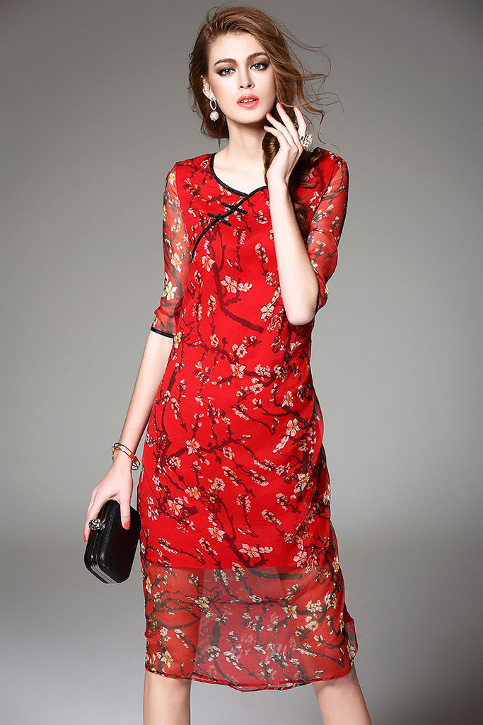 Floral Print Silk Dress - Dress Album