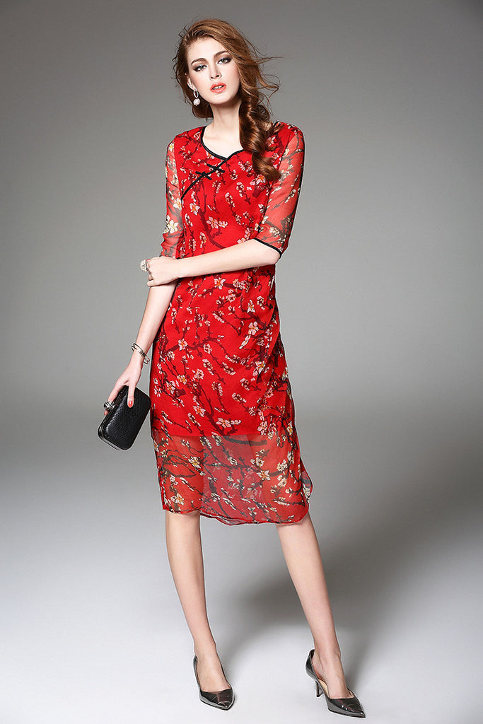 Floral Print Silk Dress - Dress Album