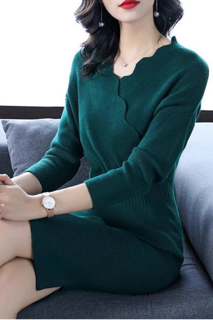 Scallop V Neck Sweater Dress