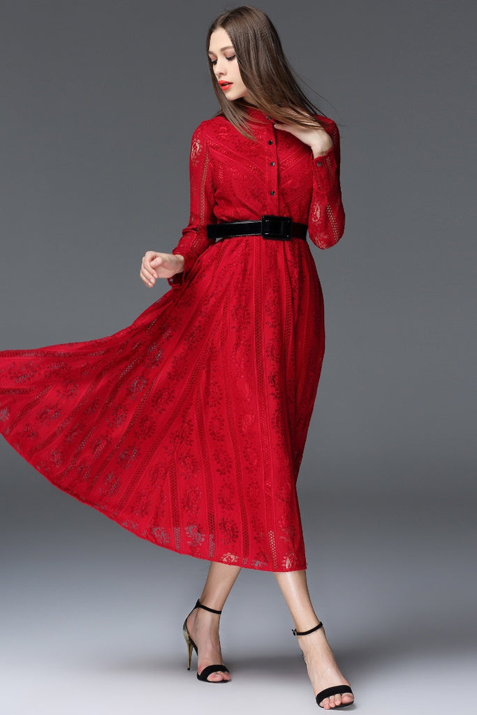 Button Front Lace Long Dress - Dress Album