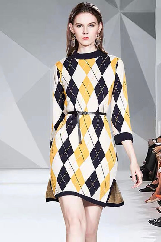 Diamond Pattern Sweater Dress With Belt