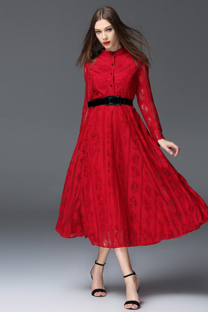 Button Front Lace Long Dress - Dress Album