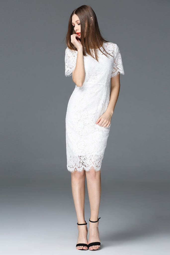 All-Over Lace Short Sleeve Dress - Dress Album