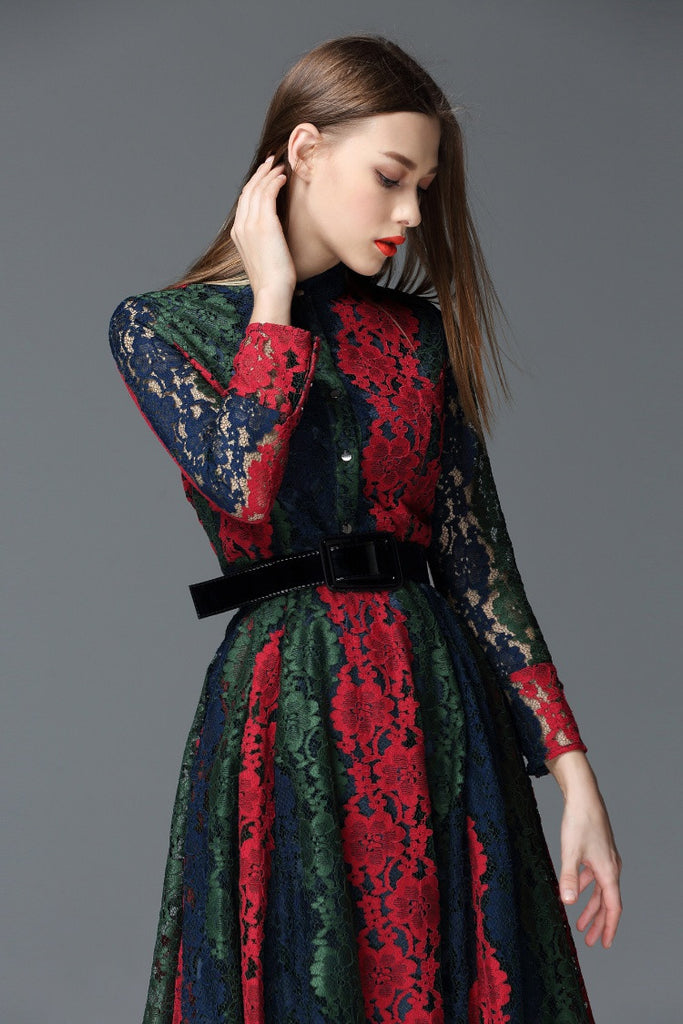 Tri-Color Long Sleeve Dress - Dress Album