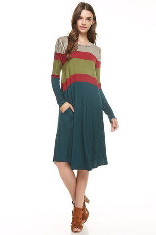 Color Block Stripe Pocket Dress - Dress Album