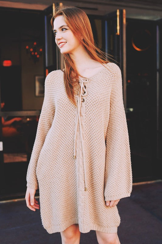 Chunky Knit Lace Up Sweater Dress L / Tan