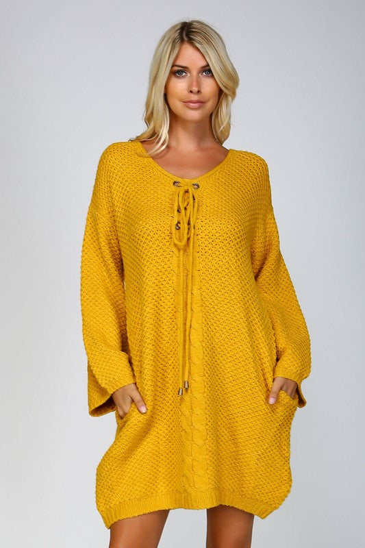 Chunky Knit Lace Up Sweater Dress L / Tan Chunky Knit Lace Up Sweater Dress L / Tan