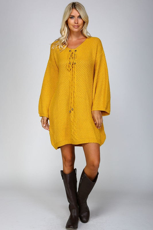 Chunky Knit Lace Up Sweater Dress L / Tan Chunky Knit Lace Up Sweater Dress L / Tan