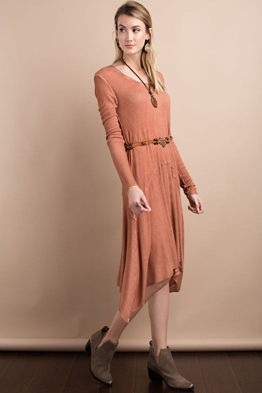 Casual Long Sleeve Oil Wash Asymmetrical Midi Dress | Dress Album M Casual Long Sleeve Oil Wash Asymmetrical Midi Dress | Dress Album M