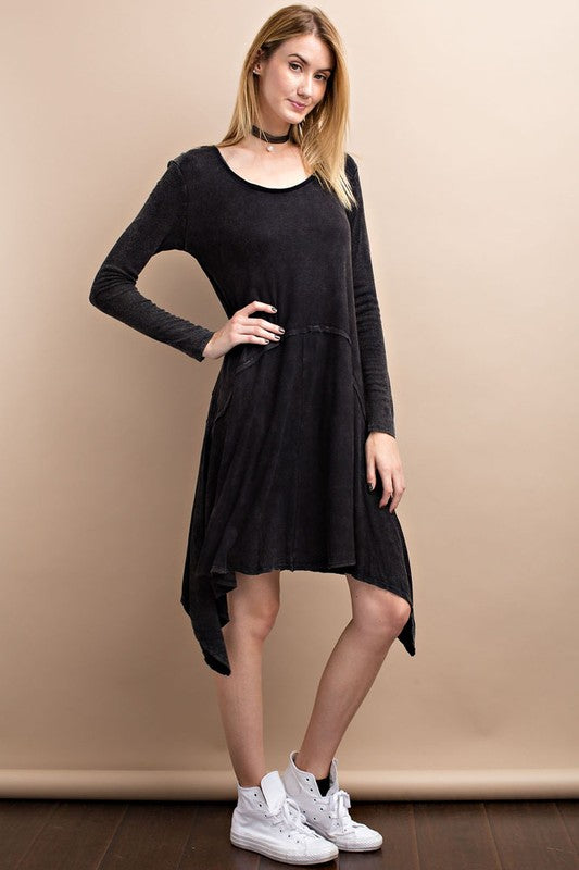Black Casual Long Sleeve Oil Wash Asymmetrical Midi Dress |Dress Album S Black Casual Long Sleeve Oil Wash Asymmetrical Midi Dress |Dress Album S