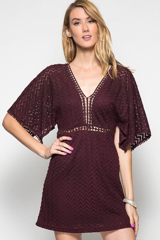 Wine Half Open Sleeve Lace Dress With Contrast Trim Summer Clearance M