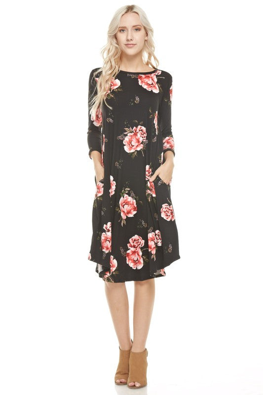3/4 Sleeve Floral Long Dress - Dress Album