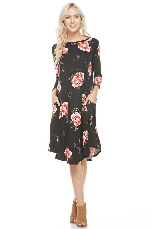 3/4 Sleeve Floral Long Dress - Dress Album