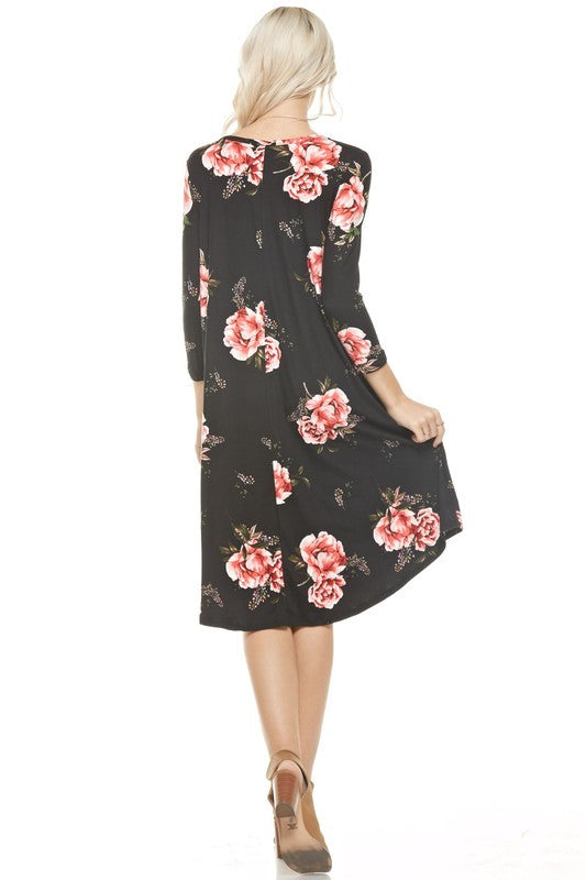 3/4 Sleeve Floral Long Dress - Dress Album
