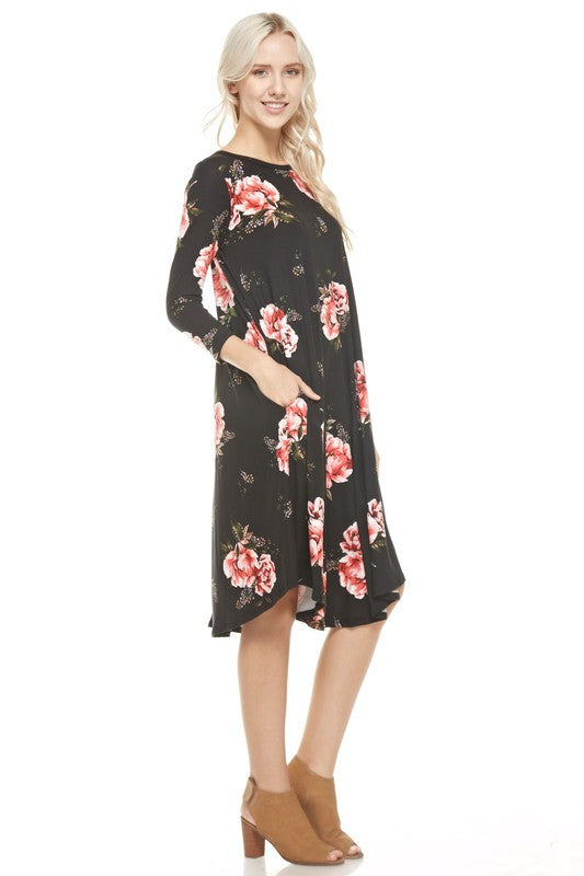 3/4 Sleeve Floral Long Dress - Dress Album