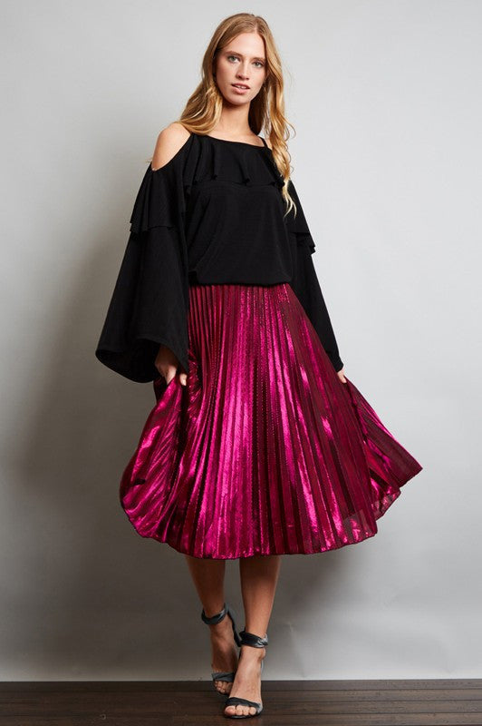 Pleats Metallic Midi Skirt