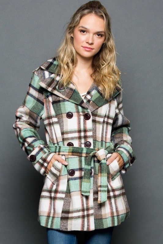 GEEGEE Women's Coats - Plaid Wool Blend Coat With Belt
