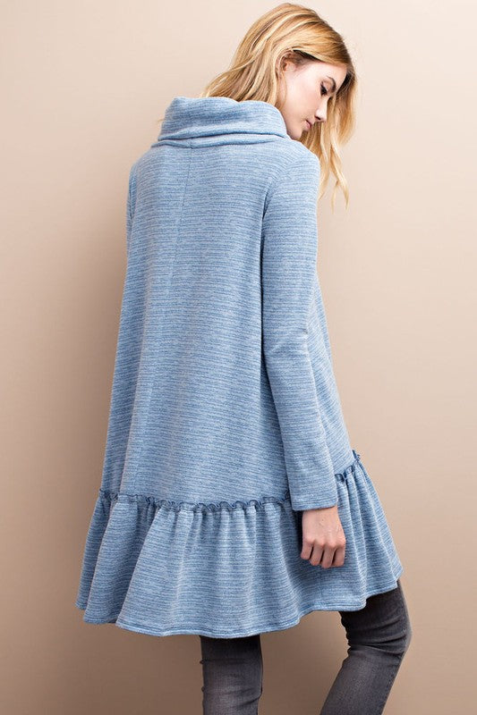 Cowl Neck Knit Dress W/ Ruffle