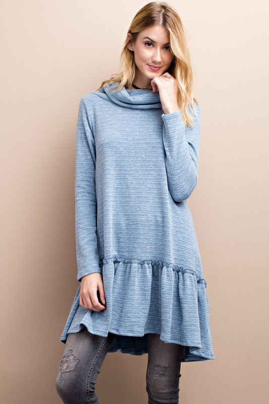 Blue Long Sleeve Cowl Neck Knit Mini Dress With Ruffle | Dress Album S Blue Long Sleeve Cowl Neck Knit Mini Dress With Ruffle | Dress Album S