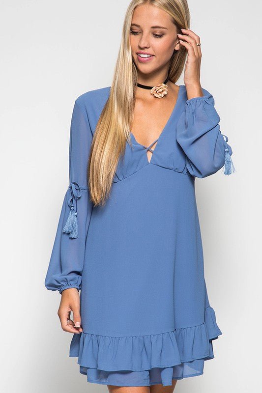 Long Sleeve Dress With Sleeve Tassel Ties Ruffle Hem Detail S Long Sleeve Dress With Sleeve Tassel Ties Ruffle Hem Detail S