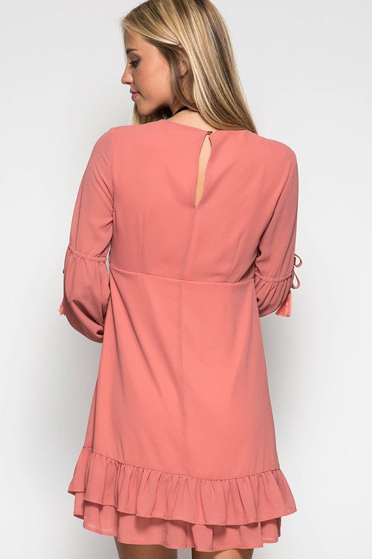 Ruffled Hem Dress W/ Tassel Ties