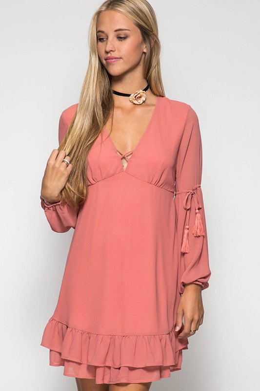 Ruffled Hem Dress W/ Tassel Ties