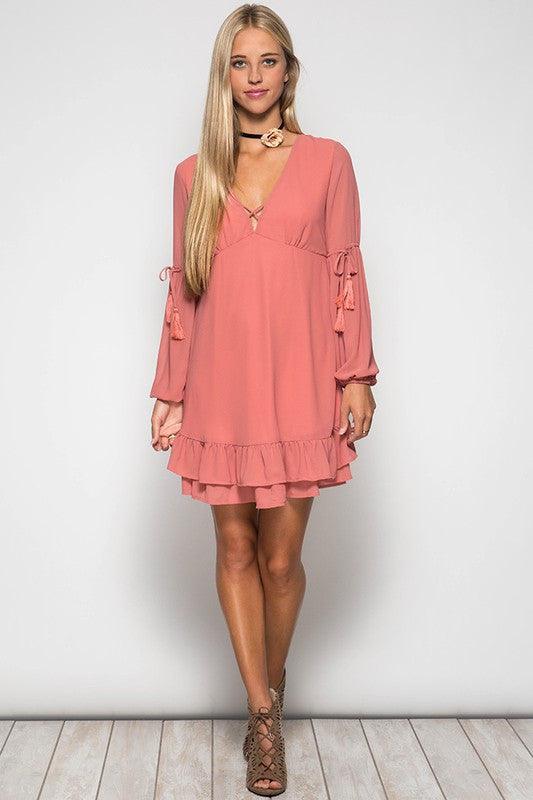 Ruffled Hem Dress W/ Tassel Ties