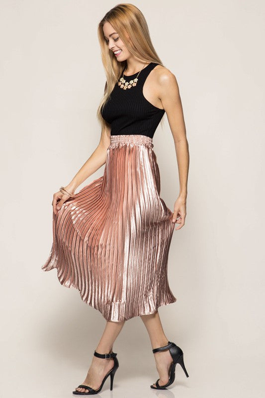 Metallic Pleated Midi Skirt