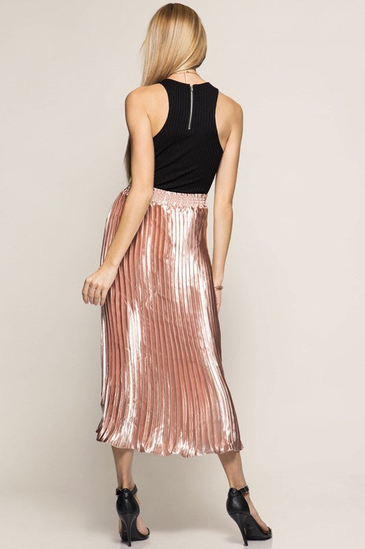 Metallic Pleated Midi Skirt