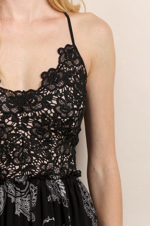 Crochet Floral Print Maxi Dress