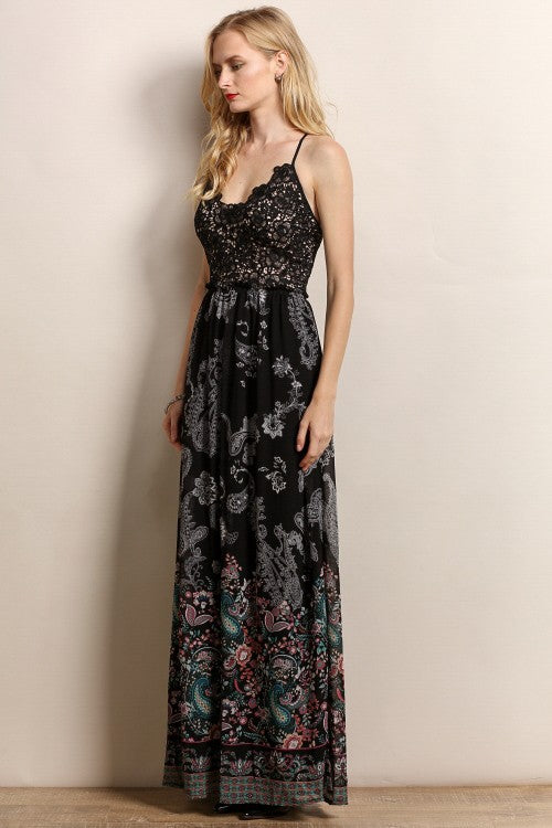 Crochet Floral Print Maxi Dress